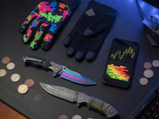 Flat lay de facas e luvas de CS2, orçamento e liquidez em foco