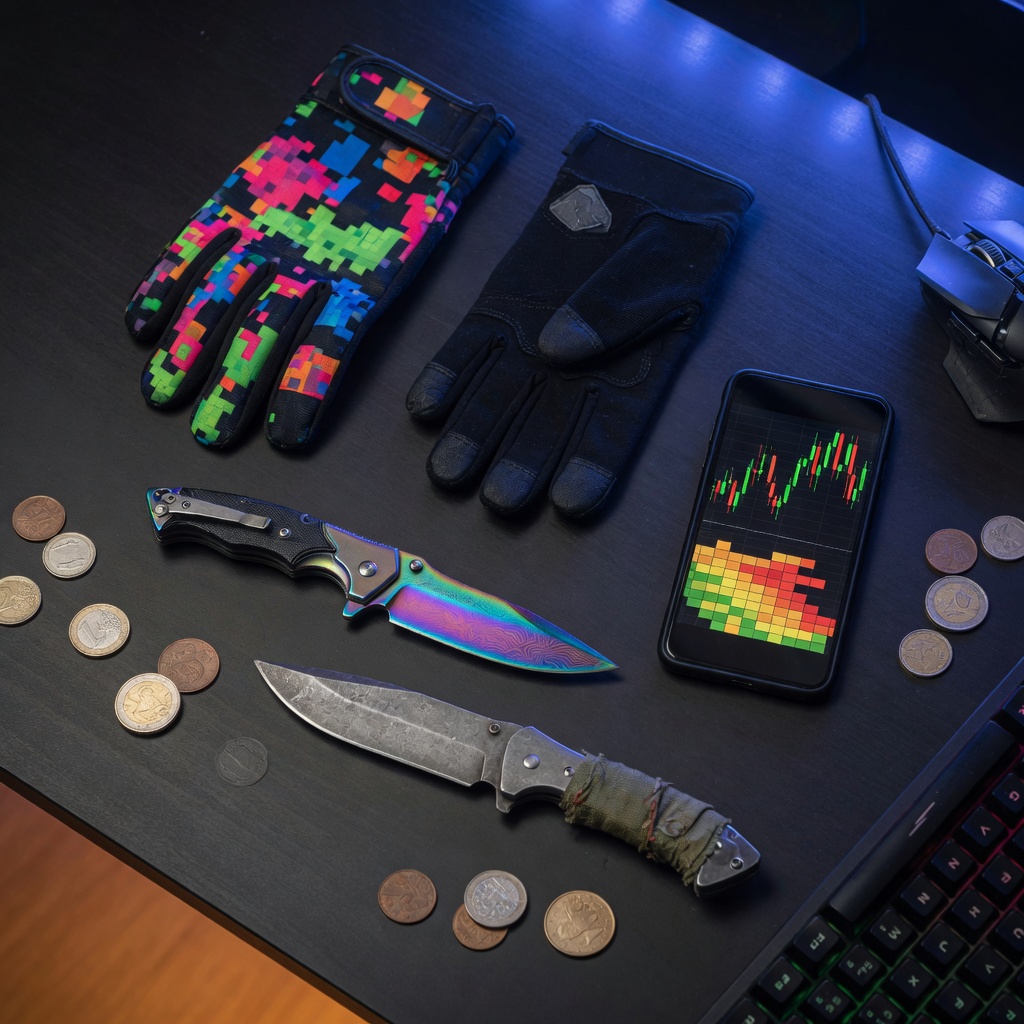 Flat lay de facas e luvas de CS2, orçamento e liquidez em foco