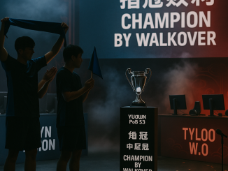 Asian esports stage with a Yuqilin PoB S3 trophy labeled Champion by Walkover; Lynn