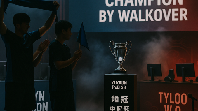 Asian esports stage with a Yuqilin PoB S3 trophy labeled Champion by Walkover; Lynn