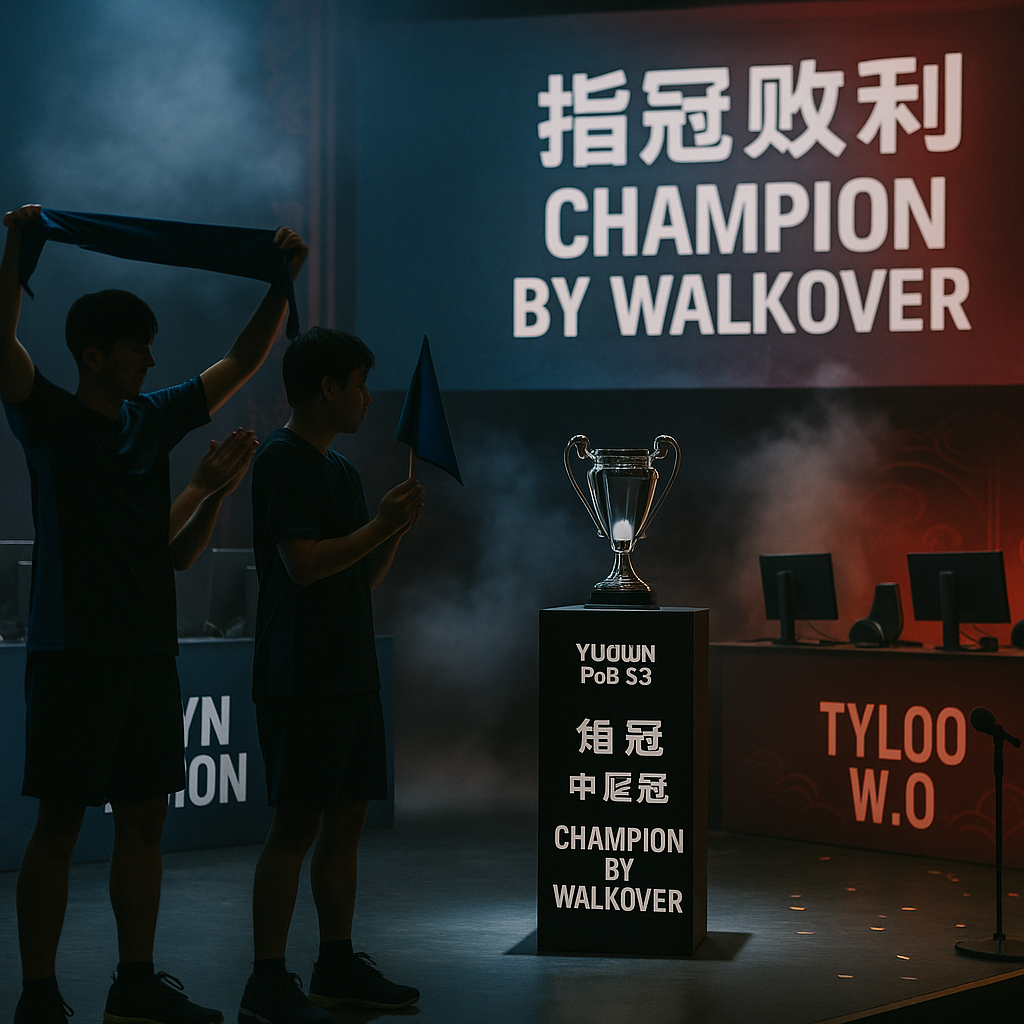 Asian esports stage with a Yuqilin PoB S3 trophy labeled Champion by Walkover; Lynn