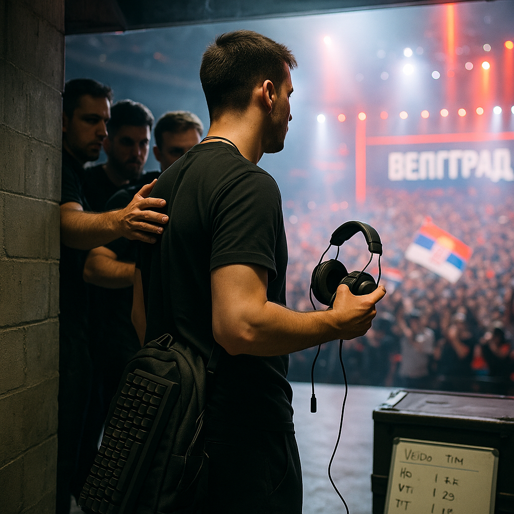 Em um túnel escuro que se abre para a arena de Belgrado lotada, um