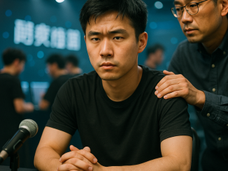 A focused CS2 pro at a post-match interview table in an Asian arena with