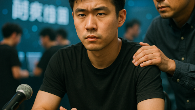 A focused CS2 pro at a post-match interview table in an Asian arena with