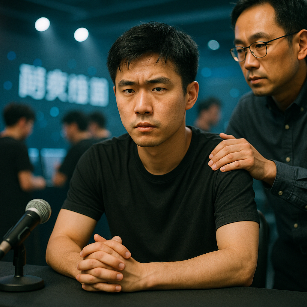 A focused CS2 pro at a post-match interview table in an Asian arena with